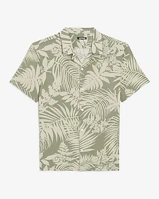Palm Print Stretch Linen Short Sleeve Shirt Green Men's S