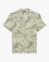 Palm Print Stretch Linen Short Sleeve Shirt Green Men's XS