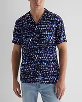 Abstract Layered Circle Rayon Short Sleeve Shirt Black Men's XS