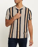 Striped Mini Geo Print Rayon Short Sleeve Shirt Brown Men's XS