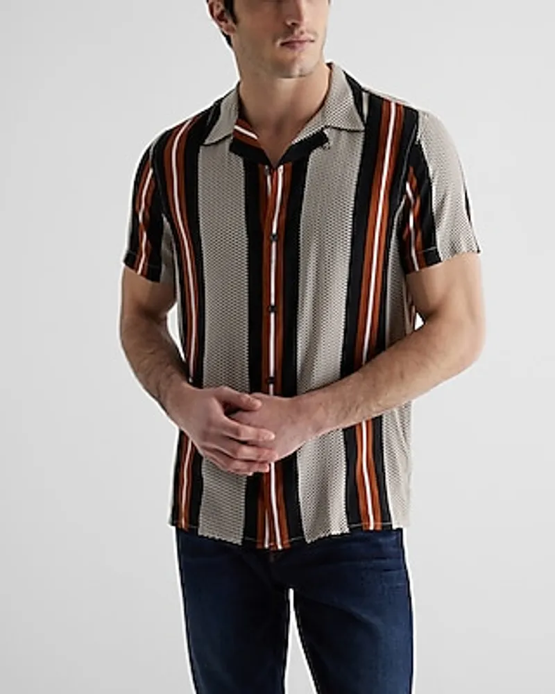 Striped Mini Geo Print Rayon Short Sleeve Shirt Brown Men's M Tall