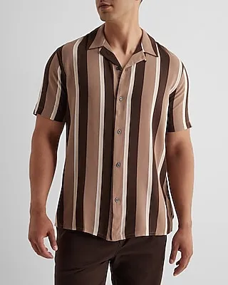 Striped Rayon Short Sleeve Shirt Brown Men's M Tall