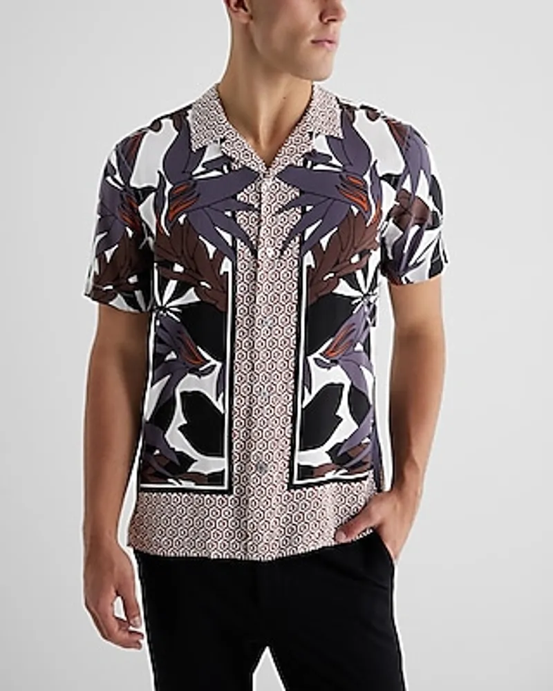Express Geo Floral Print Rayon Short Sleeve Shirt Brown Men's XL