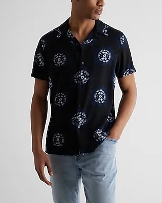 Tie Dye Circle Print Rayon Short Sleeve Shirt Black Men's S