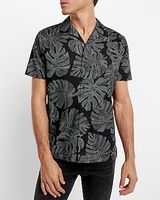 Leaf Print Stretch Cotton Short Sleeve Shirt Black Men's XS