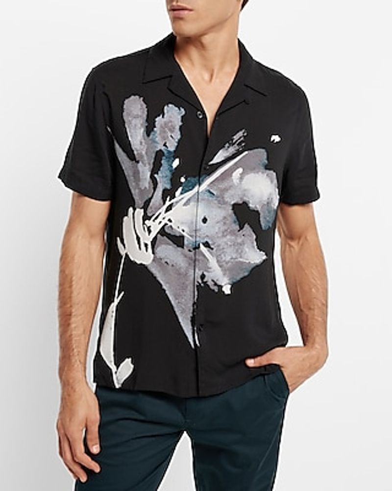 Watercolor Floral Print Rayon Short Sleeve Shirt Black Men's XL