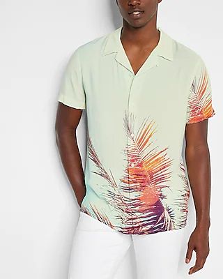 Palm Leaf Print Rayon Short Sleeve Shirt Green Men's XL