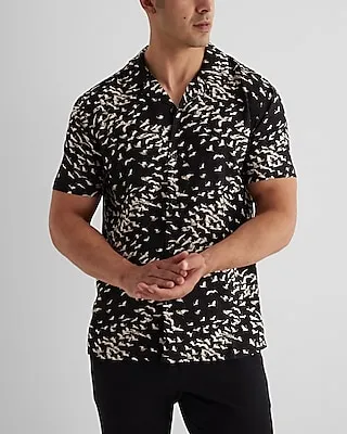 Mini Crane Print Rayon Short Sleeve Shirt Black Men's