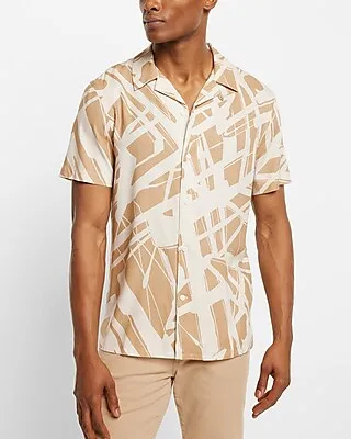 Abstract Print Rayon Short Sleeve Shirt Brown Men's XS