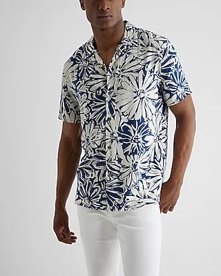 Floral Rayon Short Sleeve Shirt White Men's XS