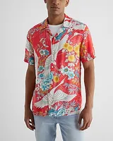 Crane Print Rayon Short Sleeve Shirt Men's