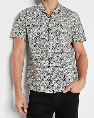 Tile Print Linen Short Sleeve Shirt Black Men's L Tall