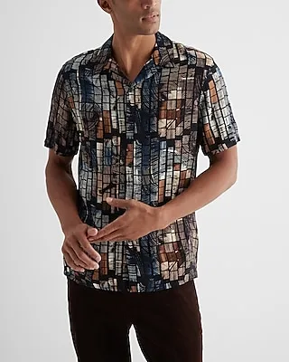 Printed Tile Rayon Short Sleeve Shirt Black Men's XS