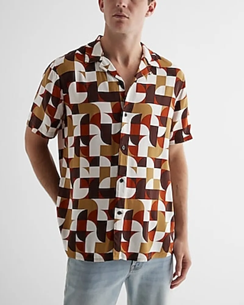 Abstract Geo Print Rayon Short Sleeve Shirt Brown Men's XL