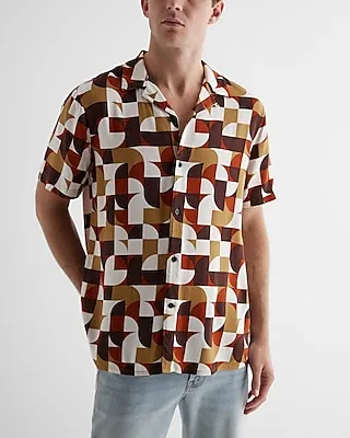 Abstract Geo Print Rayon Short Sleeve Shirt Brown Men's L Tall