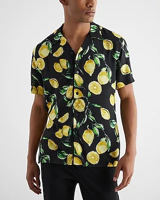 Lemon Print Rayon Short Sleeve Shirt Black Men's L