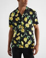 Lemon Print Rayon Short Sleeve Shirt Black Men's XS