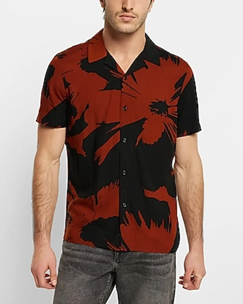 Floral Print Rayon Short Sleeve Shirt Brown Men's XL