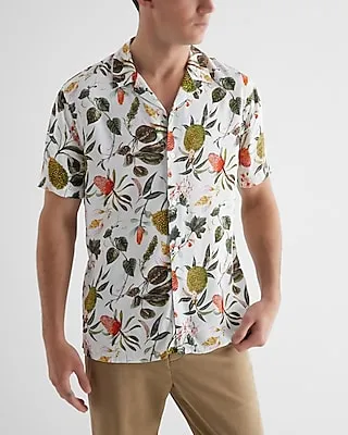 Plant Print Rayon Short Sleeve Shirt Neutral Men's XL