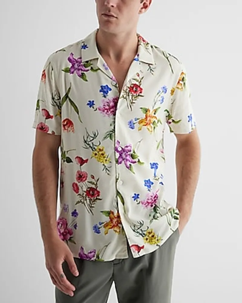 Floral Rayon Short Sleeve Shirt White Men's L