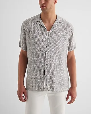 Geo Print Rayon Short Sleeve Shirt Gray Men's L
