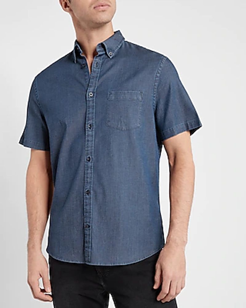 Dark Wash Short Sleeve Tencel Denim Shirt Blue Men's XS