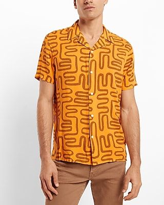 Geo Print Rayon Short Sleeve Shirt Orange Men's XL