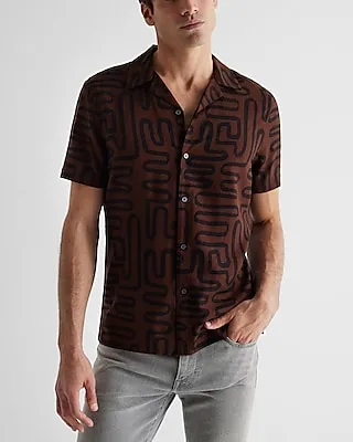 Geo Print Rayon Short Sleeve Shirt Brown Men's S