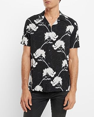 Slim Floral Print Short Sleeve Shirt Black Men's