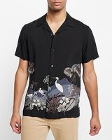 Crane Print Rayon Short Sleeve Shirt Gray Men's M