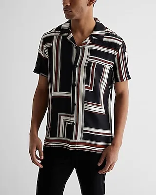 Geo Striped Rayon Short Sleeve Shirt Black Men's S