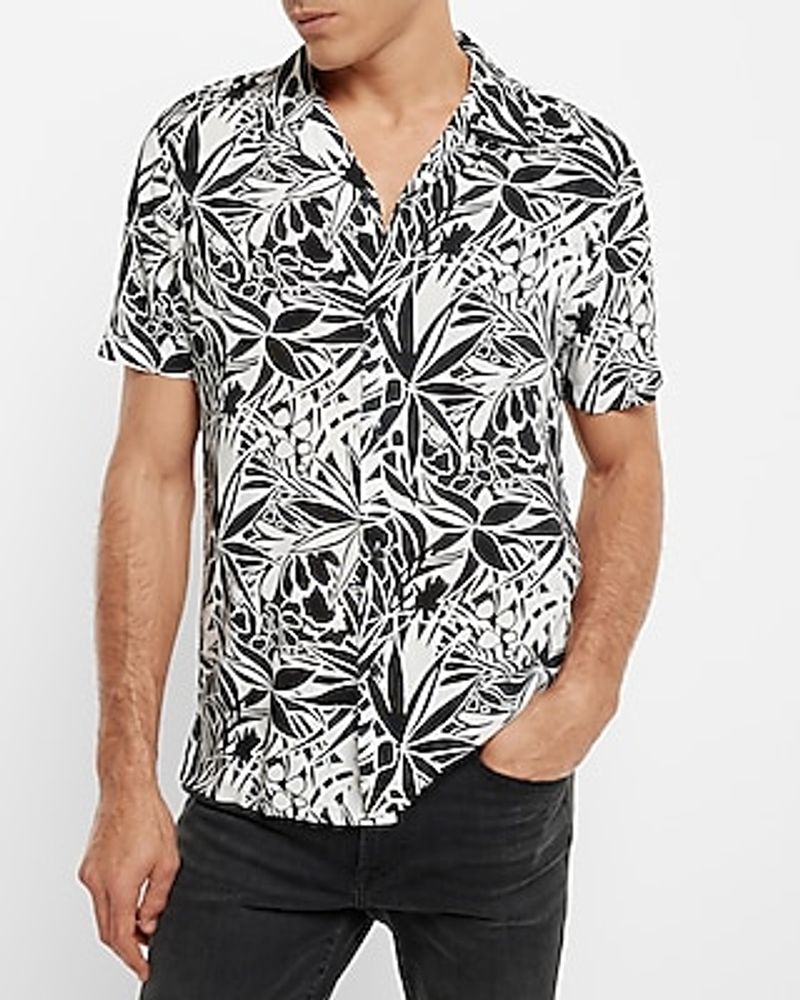 Rayon Leaf Print Short Sleeve Shirt