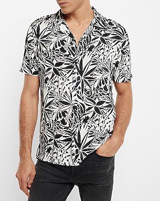 Rayon Leaf Print Short Sleeve Shirt Black Men's XL