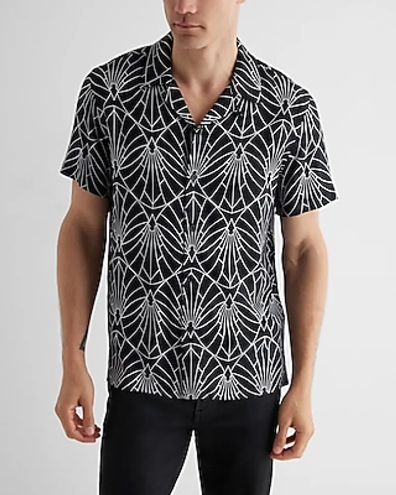 Line Geo Rayon Short Sleeve Shirt Black Men's S