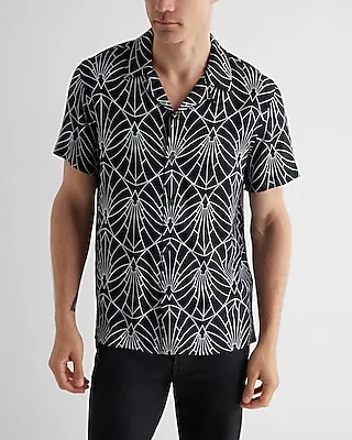 Line Geo Rayon Short Sleeve Shirt Black Men's L Tall