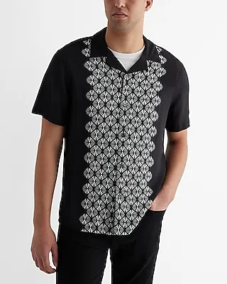 Geo Paneled Rayon Short Sleeve Shirt Black Men's XS