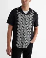 Geo Paneled Rayon Short Sleeve Shirt Black Men's M