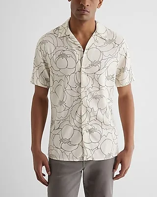 Abstract Floral Rayon Short Sleeve Shirt White Men's S