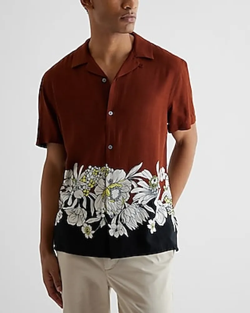 Express Sketched Floral Print Rayon Short Sleeve Shirt