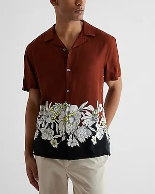 Sketched Floral Print Rayon Short Sleeve Shirt