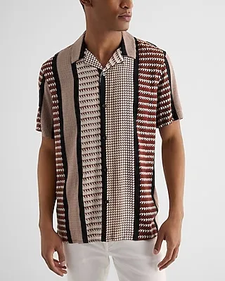 Striped Geo Print Rayon Short Sleeve Shirt Neutral Men's XS