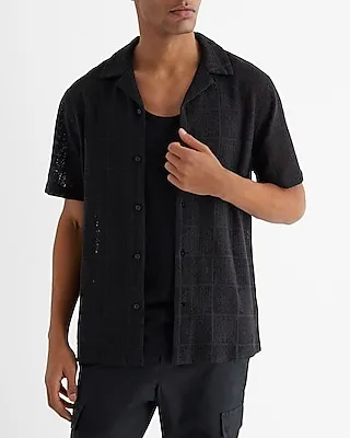 Lace Patterned Open Stitch Short Sleeve Shirt Black Men's M Tall