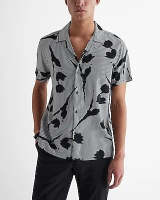 Striped Floral Rayon Short Sleeve Shirt Neutral Men's