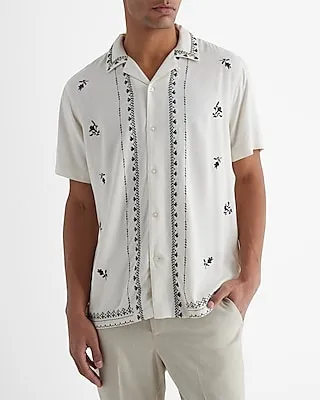 Embroidered Rayon Short Sleeve Shirt White Men's