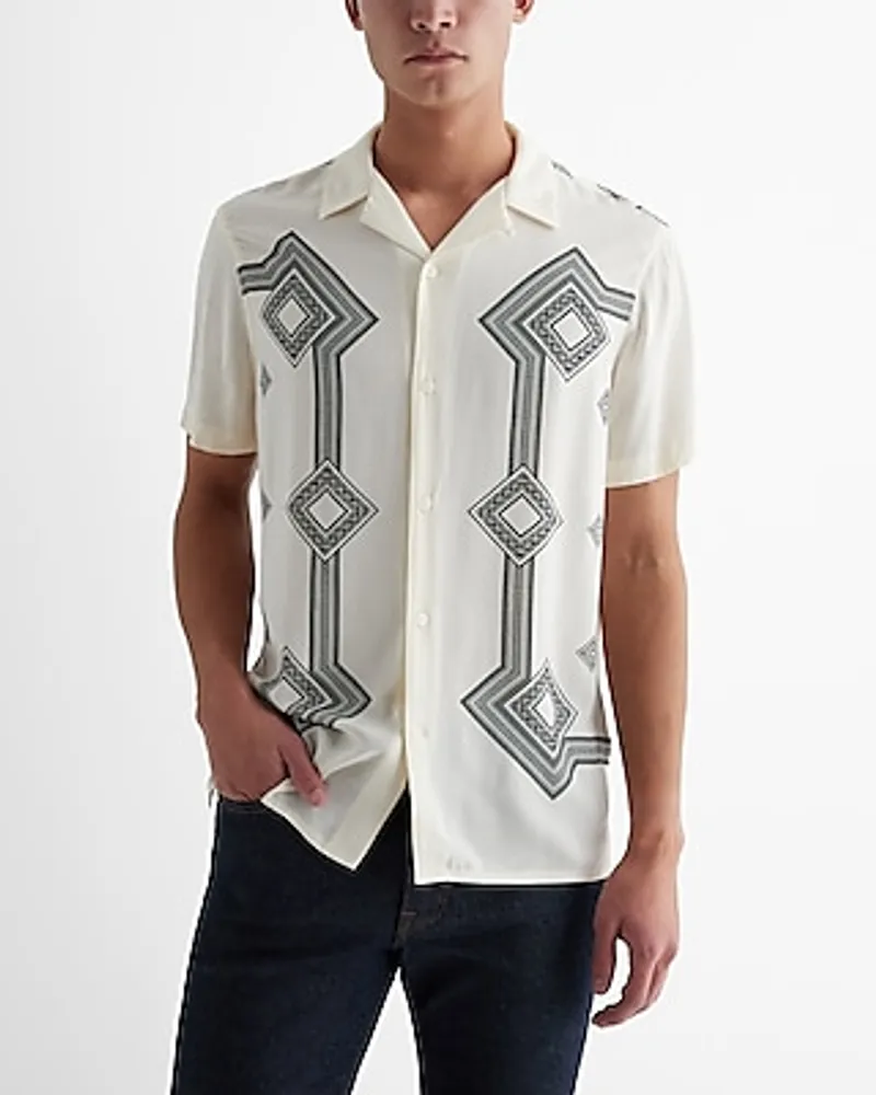 Square Bordered Rayon Short Sleeve Shirt