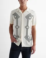 Square Bordered Rayon Short Sleeve Shirt White Men's M Tall