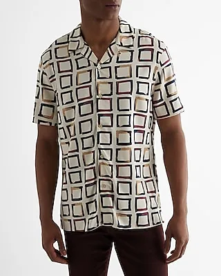 Square Print Rayon Short Sleeve Shirt Neutral Men's M Tall