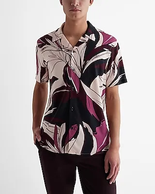 Abstract Floral Rayon Short Sleeve Shirt Black Men's XL Tall
