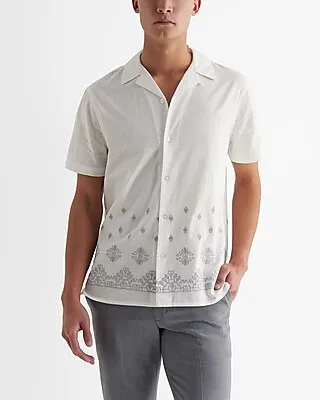 Embroidered Geo Border Short Sleeve Shirt White Men's M Tall