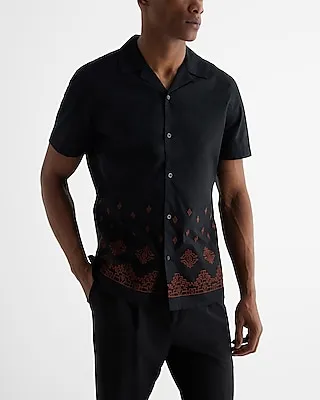 Embroidered Geo Border Short Sleeve Shirt Black Men's M